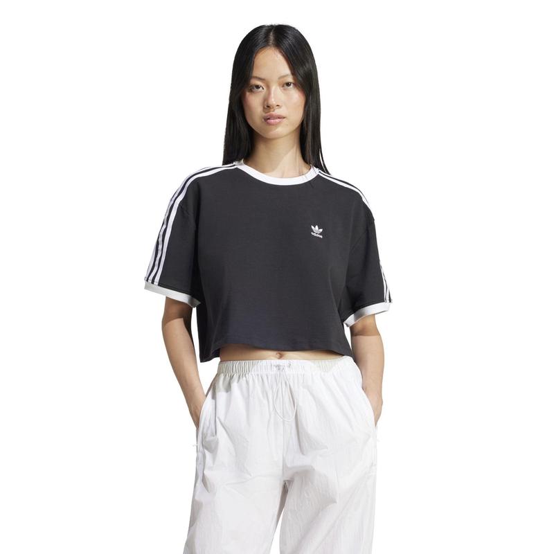 Adidas女士宽松 cropped 法兰绒运动T恤 黑色 透气舒适适配 leggings