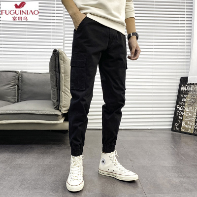 富贵鸟（FUGUINIAO）春秋帅气工装休闲裤男士宽松束脚裤潮牌黑色九分裤保暖韩版潮流