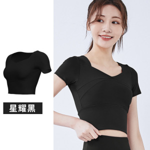 拼接速干瑜伽服带胸垫瑜伽短袖裸感修身显瘦运动健身上衣