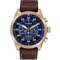Citizen男表 Avion系列光动能复古百搭三眼计时蓝盘皮带防水表 送男友