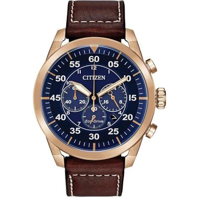 Citizen男表 Avion系列光动能复古百搭三眼计时蓝盘皮带防水表 送男友