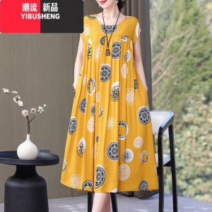 YIBUSHENG妈妈装波点连衣裙加肥加大中老年女宽松棉绸中长款裙子人造棉