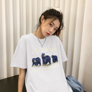 夏季韩版短袖T恤女中长款打底衫女卡通学生宽松上衣女装