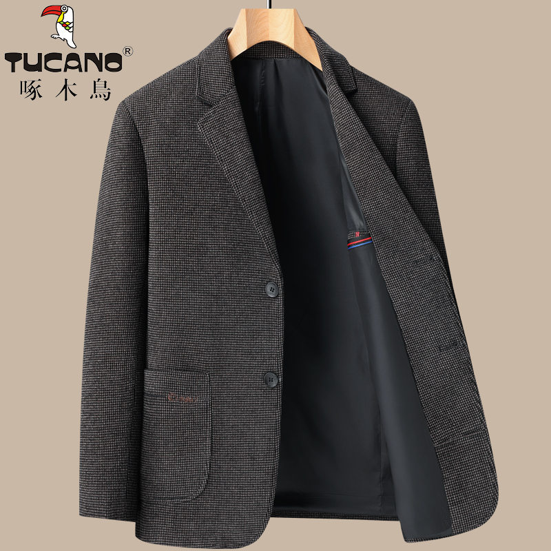 啄木鸟毛呢小西装男士爸爸秋装呢子外套秋冬季中老年人西服男上衣