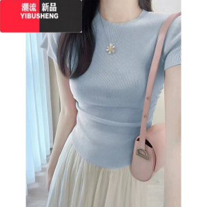 YIBUSHENG纯欲风蓝色冰丝针织短袖t恤女季修身打底衫辣妹短款小飞袖上衣