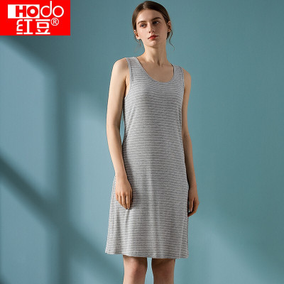 红豆背心女莫代尔简约条纹提花睡裙2021春夏爽滑透气居家可外穿中长款圆领背心裙A026