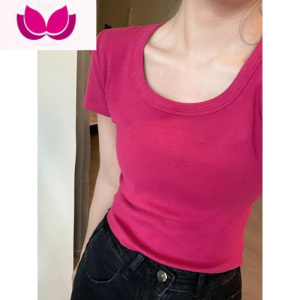 七斓2023年春季新款纯欲风辣妹玫红色短袖t恤女修身显瘦露脐短款上衣