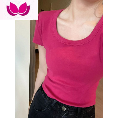 七斓2023年春季新款纯欲风辣妹玫红色短袖t恤女修身显瘦露脐短款上衣