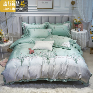 小清新棉60支长绒棉四件套贡缎田园风刺绣简约被套棉床上用品 三维工匠