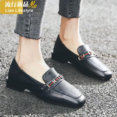 真皮乐福鞋女平底方头一脚蹬懒人鞋2020春款低跟单鞋英伦风小皮鞋知义(ZHIYI)休闲鞋