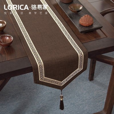 美式桌旗新中式禅意茶旗布现代简约茶几餐桌北欧电视 福延年-咖色(尖角款) 33*330cm(适用桌长2.7米-2.9米)