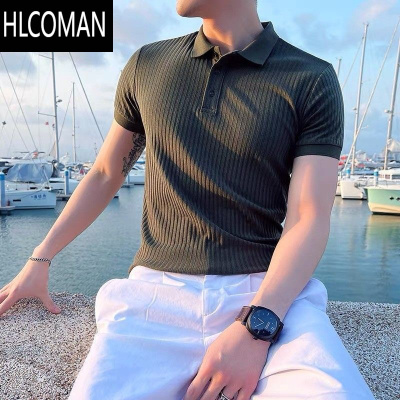 HLCOMAN纯色冰丝条纹短袖衫男夏季修身时尚潮流翻领半袖T恤休闲透气