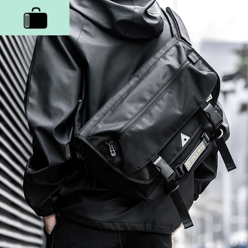 潮牌邮差包工装机能风背包男骑行多功能潮流机车单肩包斜挎包男包NEW LAKE 黑色