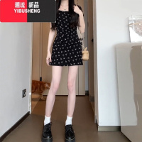 YIBUSHENG法式茶歇黑色碎花连衣裙子女季2024新款小个子显瘦辣妹A字短裙