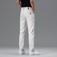 高端象牙白牛仔裤男商务休闲刺绣设计修身弹力小直筒裤春夏新款
