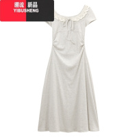 YIBUSHENG温柔蕾丝拼接方领短袖连衣裙女季2024新款气质收腰褶皱A字长裙