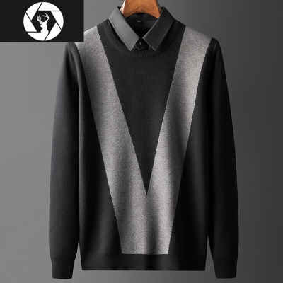 hongzun秋冬季衬衫领毛衣男士线衣假两件毛衫韩版潮流撞色带领打底