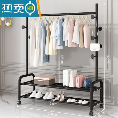 敬平晾衣架落地折叠家用晒衣架阳台卧室挂衣架子室内简易单杆式衣帽架 [120CM❤25管粗]双层置物一体蘑菇7钩-黑 大