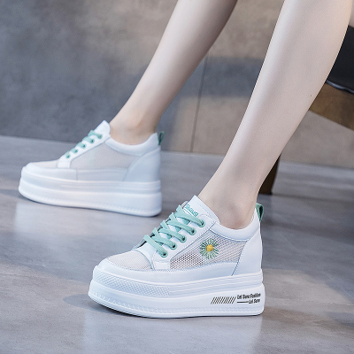 suntek内增高小白鞋女2022新款夏季单鞋网面透气休闲运动厚底松糕鞋
