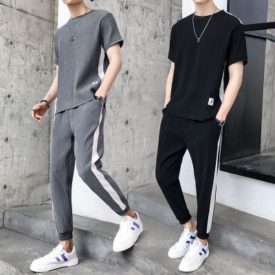 串得起2019新款舒适亲肤时尚运动套装男夏季潮流休闲短袖T恤帅气男士休闲裤青年修身两件套衣服潮纯色简约透气复古长裤