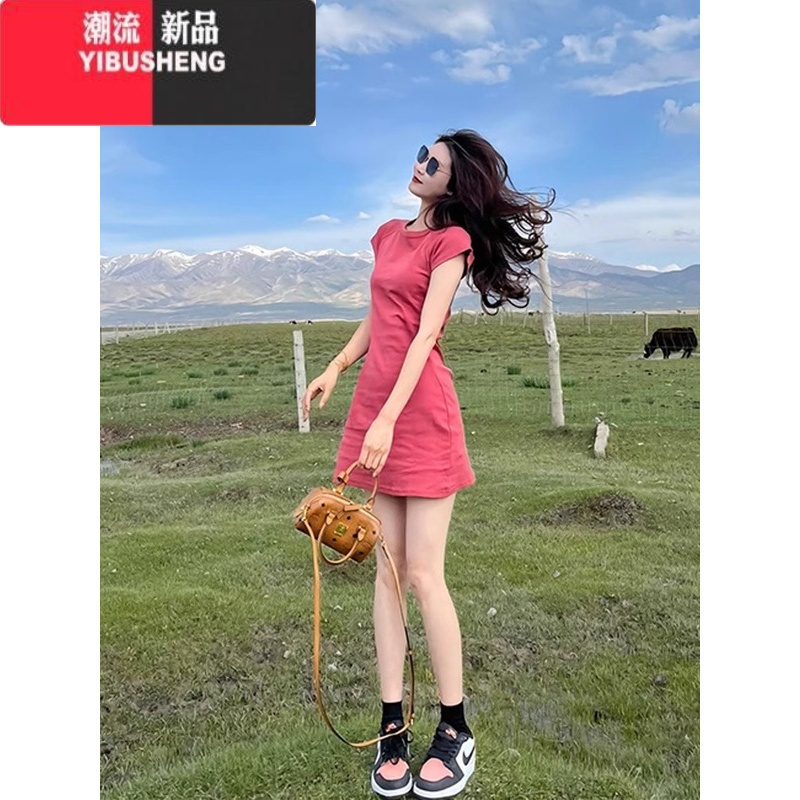 YIBUSHENG2024别致独特洋气减龄小个子时尚休闲少女感粉色t恤连衣裙女季