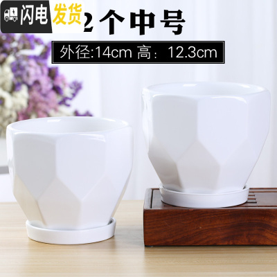 三维工匠欧式花盆陶瓷大号清白色仓带托盘家用室内阳台简约多肉绿萝植批发 (两个中号)70016白 中等花盆容器