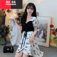 YIBUSHENG2024季新款大码胖mm假两件碎花连衣裙女设计感收腰遮肚洋气短裙