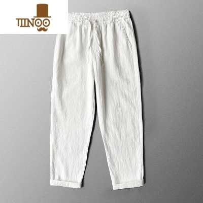 YANXU高端亚麻裤子男夏季薄款纯白色棉麻长裤男士休闲裤苎麻小脚九分裤