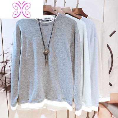 YUANSU男士秋装上衣服冬季日系假两件打底T恤个性潮流韩版长袖拼色卫衣卫衣