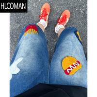HLCOMAN复古汉堡薯条毛巾绣牛仔短裤男女宽松夏季2025新款直筒阔腿五分裤