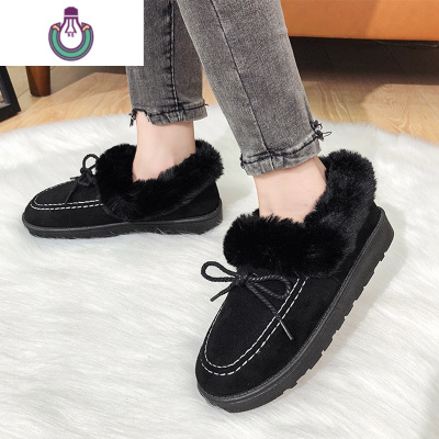 FISHBASKET毛毛棉鞋女圆头外穿加绒厚底保暖平底一脚蹬雪地靴豆豆鞋上班靴子