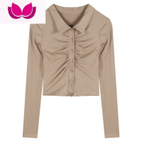 七斓辣妹polo领T恤女春季纯欲风短款褶皱紧身气质长袖内搭打底衫上衣