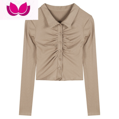 七斓辣妹polo领T恤女春季纯欲风短款褶皱紧身气质长袖内搭打底衫上衣