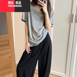 YIBUSHENG正肩V领短袖T恤女韩版潮休闲百搭宽松显瘦慵懒半袖体恤上衣服