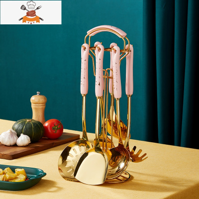 家用不锈钢锅铲套装做饭炒菜汤勺铲子勺子漏勺饭勺厨具七件套 敬平 粉色七件套