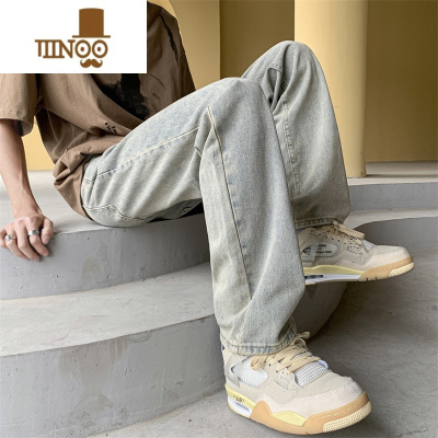 YANXU夏季美式黄泥微喇牛仔裤水洗窄版复古做旧高街直筒男款hiphop裤子