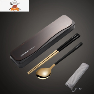 筷子勺子套装餐具盒便携学生单人装三件套不锈钢叉子外带收纳盒 经典黑-钛金黑色筷勺 敬平