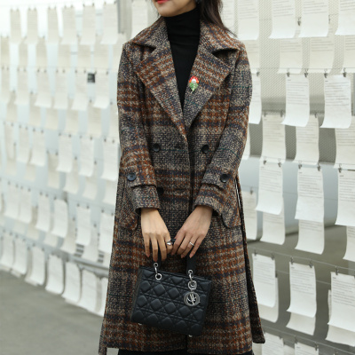 FISHBASKET2020新款格子毛呢外套女加棉加厚时尚修身中长款呢子大衣毛呢外套