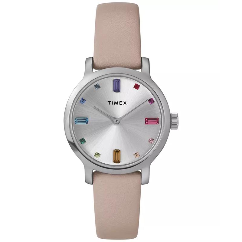 Timex 女士石英防水mm银色表盘粉皮表带休闲通勤腕表