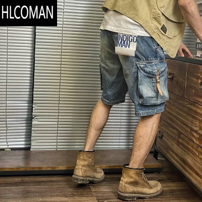 HLCOMAN工装复古牛仔短裤男士夏季美式骑行机车大口袋宽松直筒五分裤