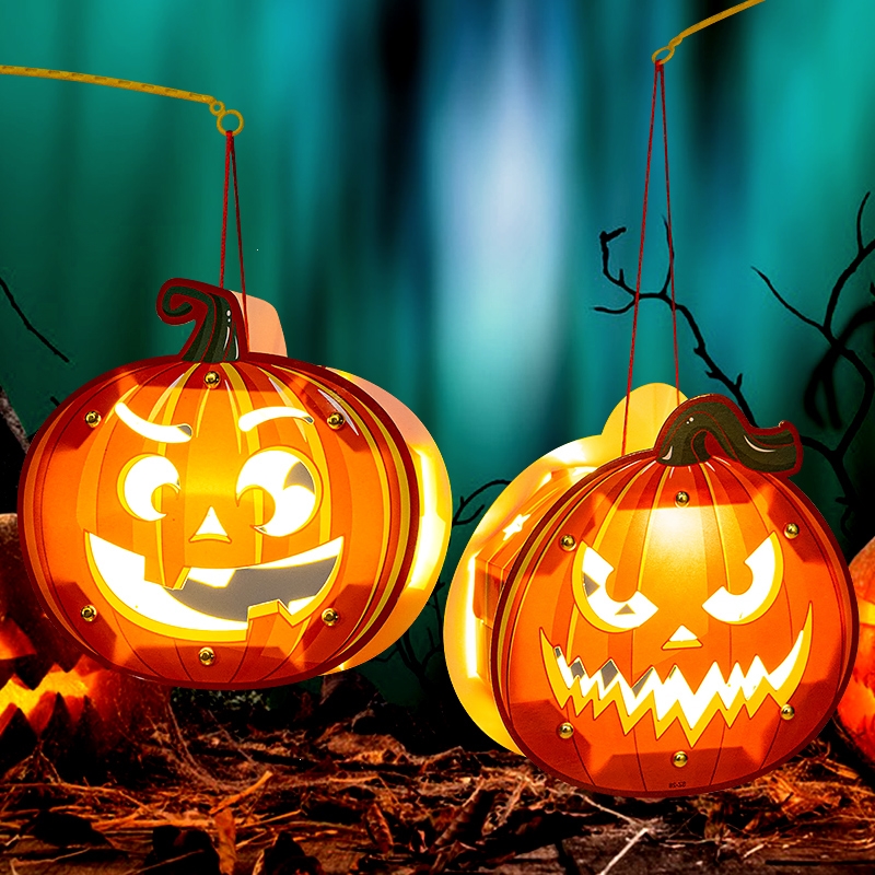 万圣节南瓜灯笼幼儿园儿童小礼物手提挂件手工制作diy发光纸灯笼_组合