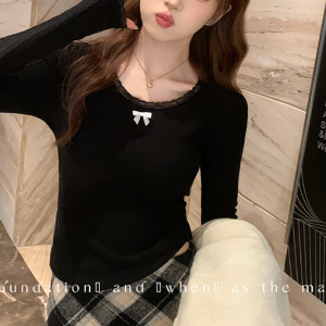 蕾丝打底衫女春秋新款白色内搭长袖T恤上衣设计感蝴蝶结小衫女装