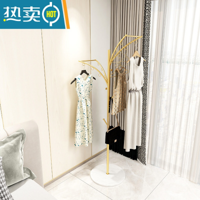 敬平简易衣架家用落地网红挂衣架小型衣帽架卧室客厅阳台晾衣架衣服架 R款金色+雅士白+5个金色衣架