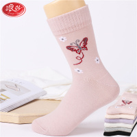 浪莎袜子女士中老年中高筒纯棉春秋初冬季厚款舒适透气蝴蝶提花休闲袜2双