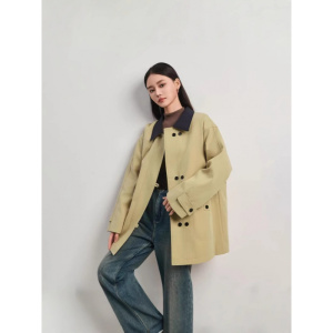 新款工装港风气质时尚百搭撞色宽松休闲翻领拼接加厚棉衣女双排扣