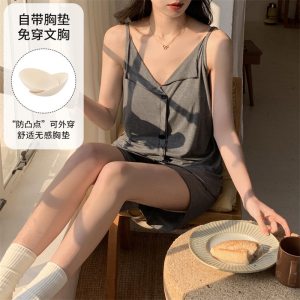甜美卡通V领睡衣女款夏季新款吊带短裤带胸垫纯欲家居服夏