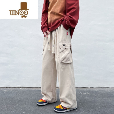 YANXU复古编织抽绳工装裤男士帅气宽松高街ins潮直筒阔腿休闲长裤