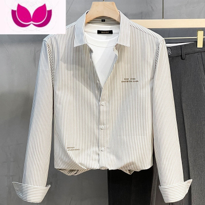 七斓高级感衬衫男长袖2023新款商务休闲韩版修身日系条纹衬衣男