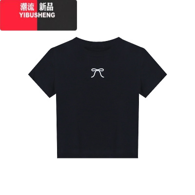 YIBUSHENG甜辣风黑色蝴蝶结正肩短袖T恤女季小个子修身显瘦百搭短款上衣