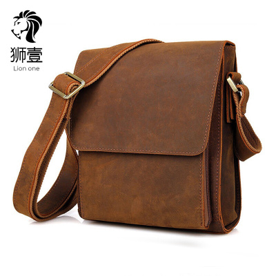 狮壹（Lionone）轻奢品牌新款手工真皮男斜挎包复古商务休闲疯马皮单肩包小包大容量男士包包多功能青年小包